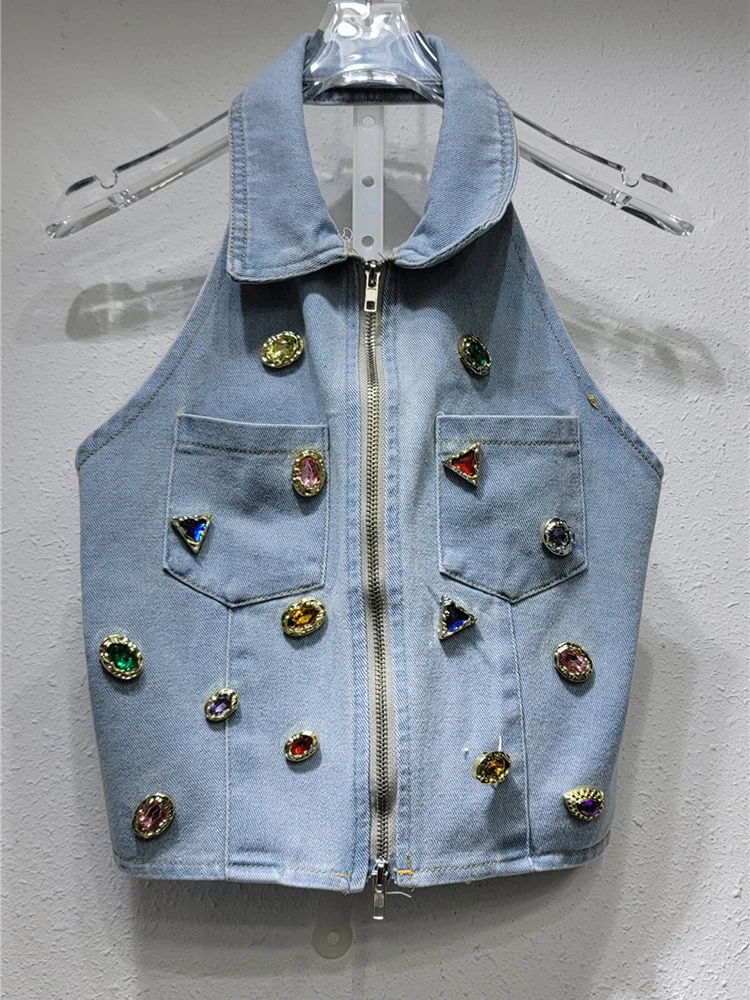 Diamond Sling Denim Vest Women's Sexy Open Back Short Double Zipper Clothes 2023 Summer New Trendy Sleeveless Top
Diamond Sling Denim Vest Women's Sexy Open Back Short Double Zipper Clothes 2023 Summer New Trendy Sleeveless Top