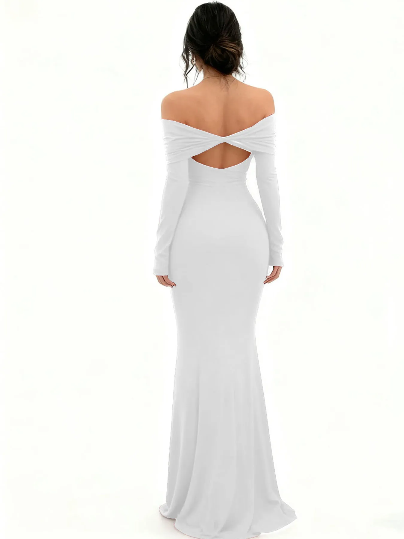 فستان نسائي ضيق مكشوف الكتفين - فستان بأشرطة ذات فتحة عالية وأكمام طويلة، متوسط الطول أنيق فستان نسائي ضيق مكشوف الكتفين - فستان بأشرطة ذات فتحة عالية وأكمام طويلة، متوسط الطول أنيق