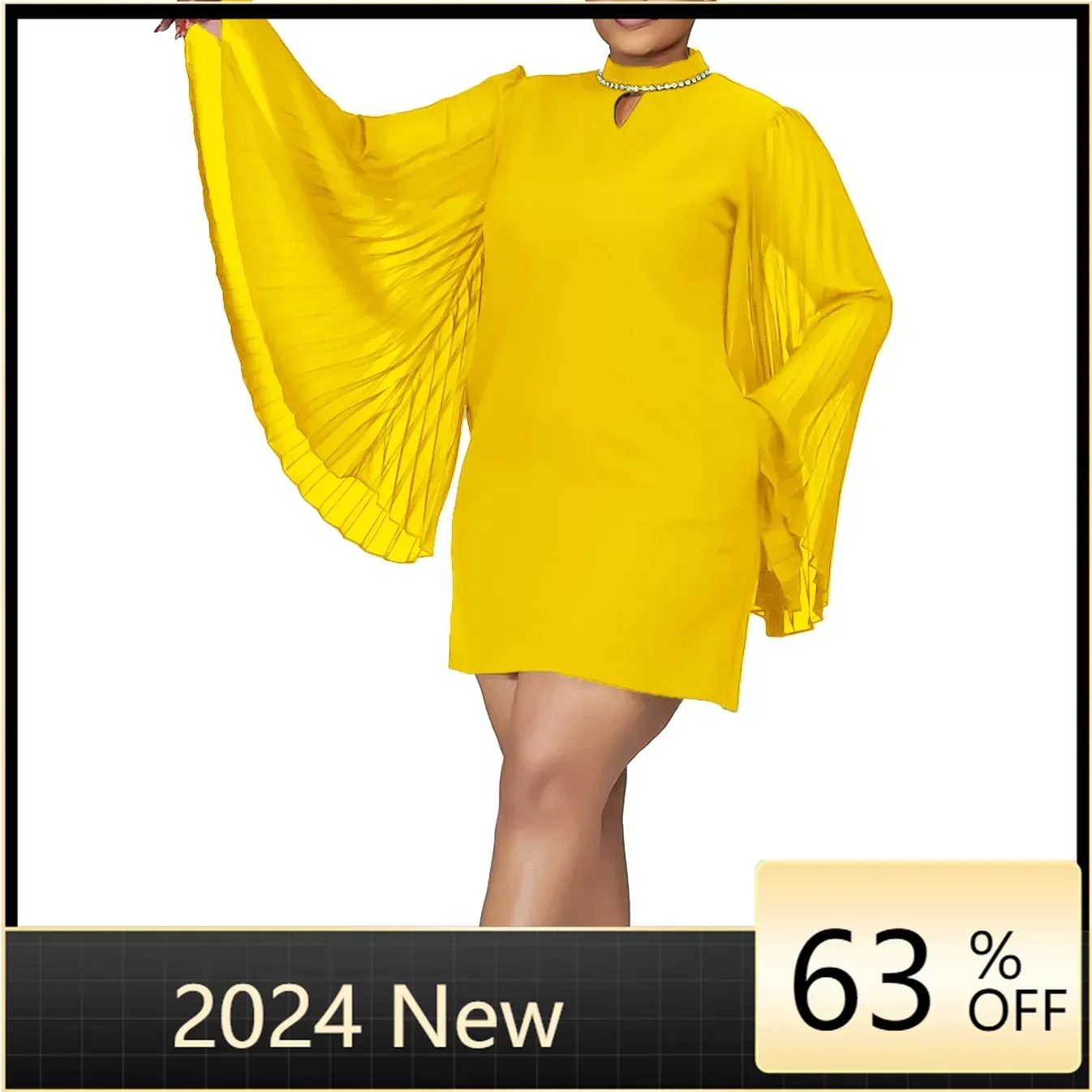 

Plus Size Fashionable New Elegant Solid Color High Waisted Round Neck Flying Sleeve Wrap Buttocks Sexy Cape Dress