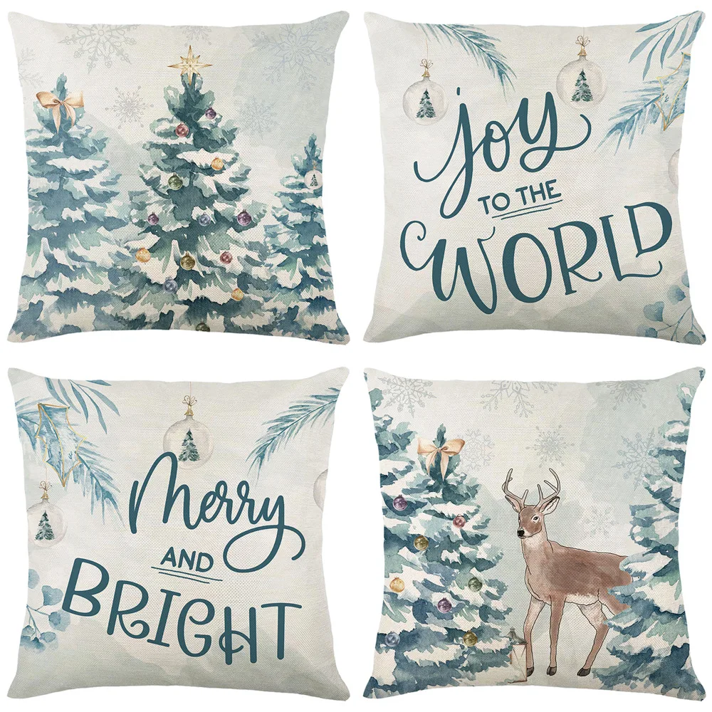 

Christmas Tree Snowy Elk Printed Pillowcase 45x45 Square Linen Pillow Cover Xmas Home Decorations Cushion Cover Holiday Supplies