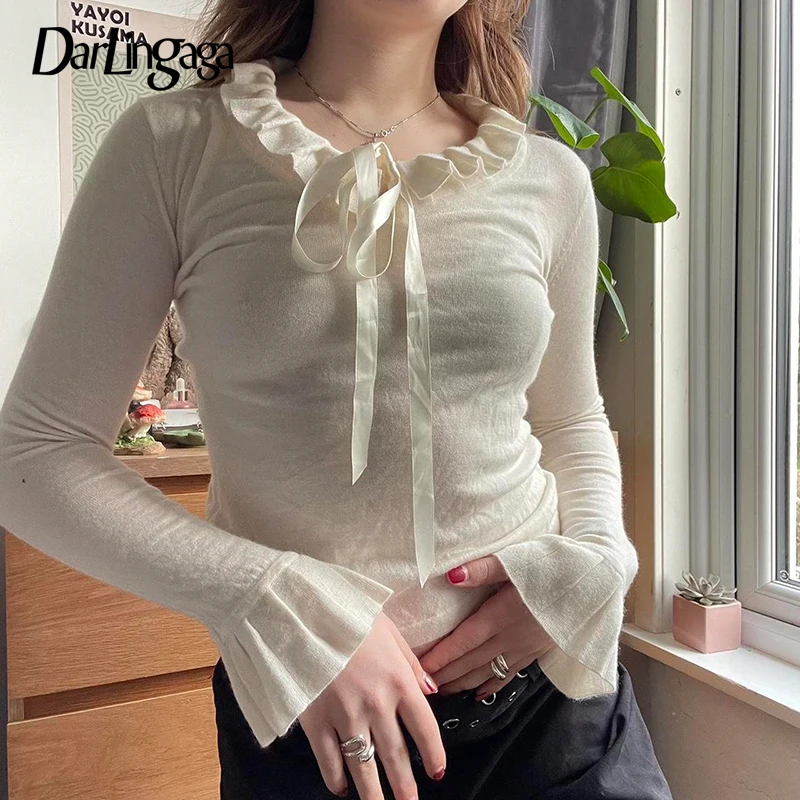 Darlingaga Cutecore Ruffles Flare Sleeve Top Slim Solid Tie Up Bow Coquett Clothes Women's Tee Shirt Korean Preppy Style Girls
Darlingaga Cutecore Ruffles Flare Sleeve Top Slim Solid Tie Up Bow Coquett Clothes Women's Tee Shirt Korean Preppy Style Girls