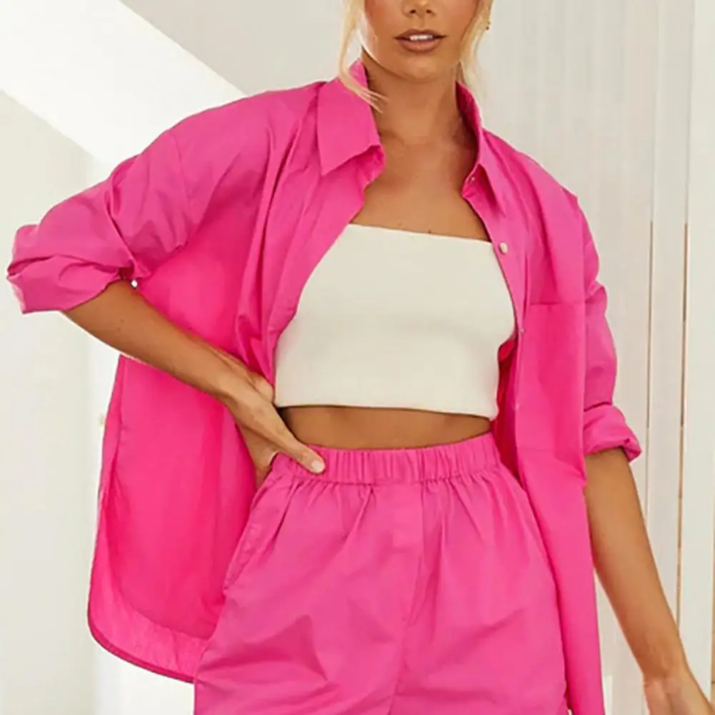 Рубашка с отложным воротником и длинным рукавом, повседневный однотонный топ, женская рубашка с длинным рукавом, с лацканами, с завышенной талией и широкими штанинами, комплект с шортами на лето
Рубашка с отложным воротником и длинным рукавом, повседневный однотонный топ, женская рубашка с длинным рукавом, с лацканами, с завышенной талией и широкими штанинами, комплект с шортами на лето