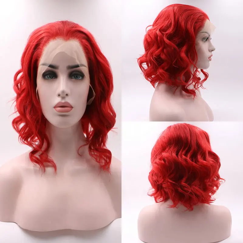 

Парик из синтетических волос на сетке спереди, огненно-красный цвет, Короткие свободные волнистые термостойкие волосы, натуральные волосы, свободные парики для женщин