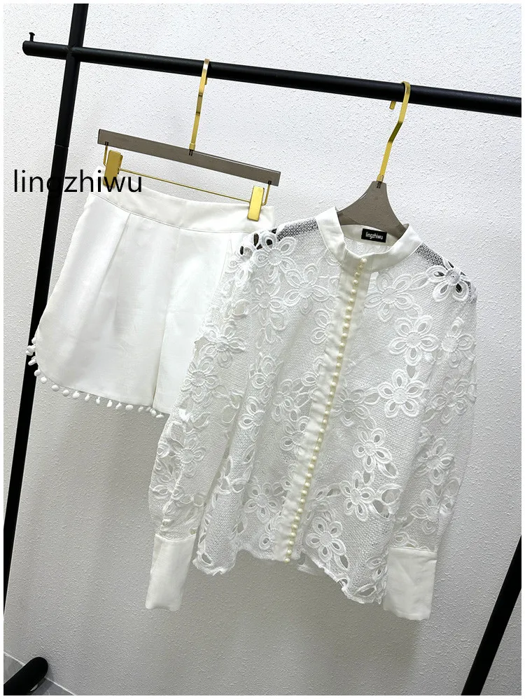 

lingzhiwu White Shorts Set Popular Fashion Suit Female 2024 Summer Twinset New Arrive