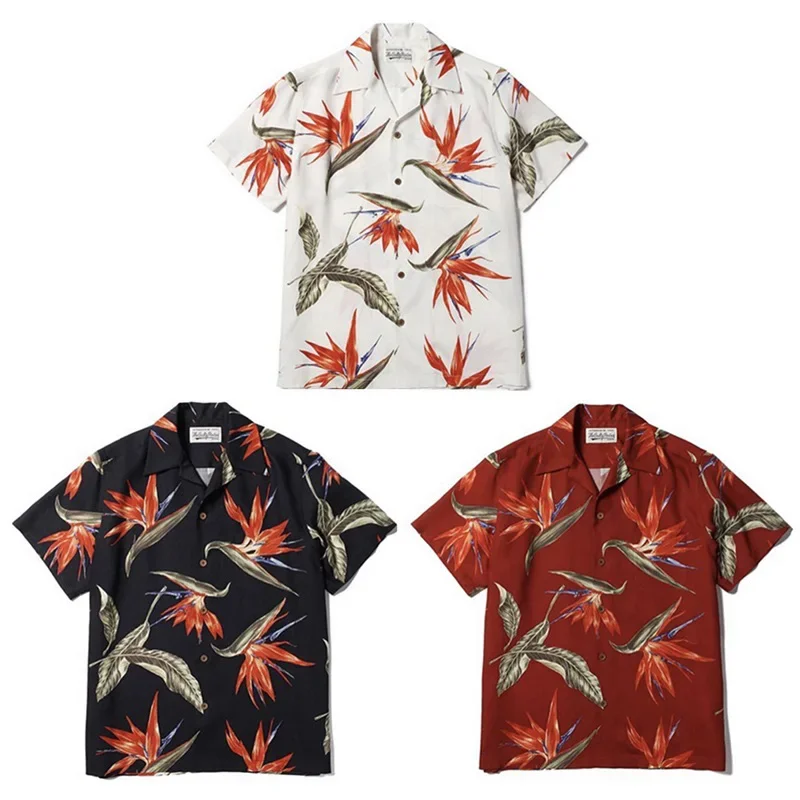 

24ss Oversized WACKO MARIA Shirts Bird Print High Quality Black Hawaiian Shirts