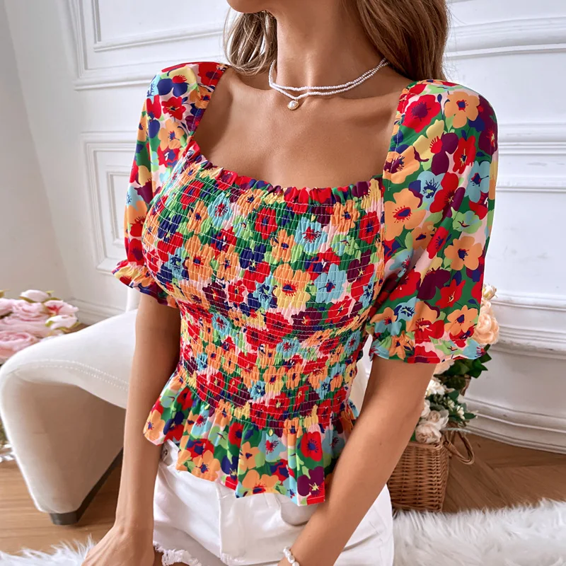2022 Spring And Summer Women Flower Print Square Neck Elastic Waist Short Top T-shirt Shirt
2022 Spring And Summer Women Flower Print Square Neck Elastic Waist Short Top T-shirt Shirt