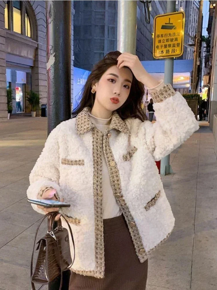 

Jackets for Women 2023 Autumn Winter New Warm Plush Jacket Korean Fashion Spliced Wool & Blends Coats Temperament Women's Coat