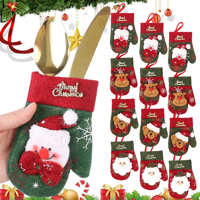 

Christmas Knife Fork Bag Pocket Cutlery Holder Elk Snowman Santa Claus Cover Gloves Tableware Home Xmas Tree Hanging Decorations