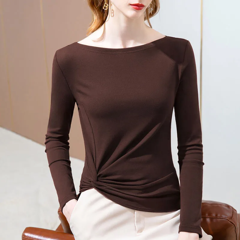 

HIgh Quality 2024 Women Tops Irregularity Wrinkle Winter Autumn T- Shirt Female Clothing Sexy Crop Top Clothes Casual Blouse Y2k