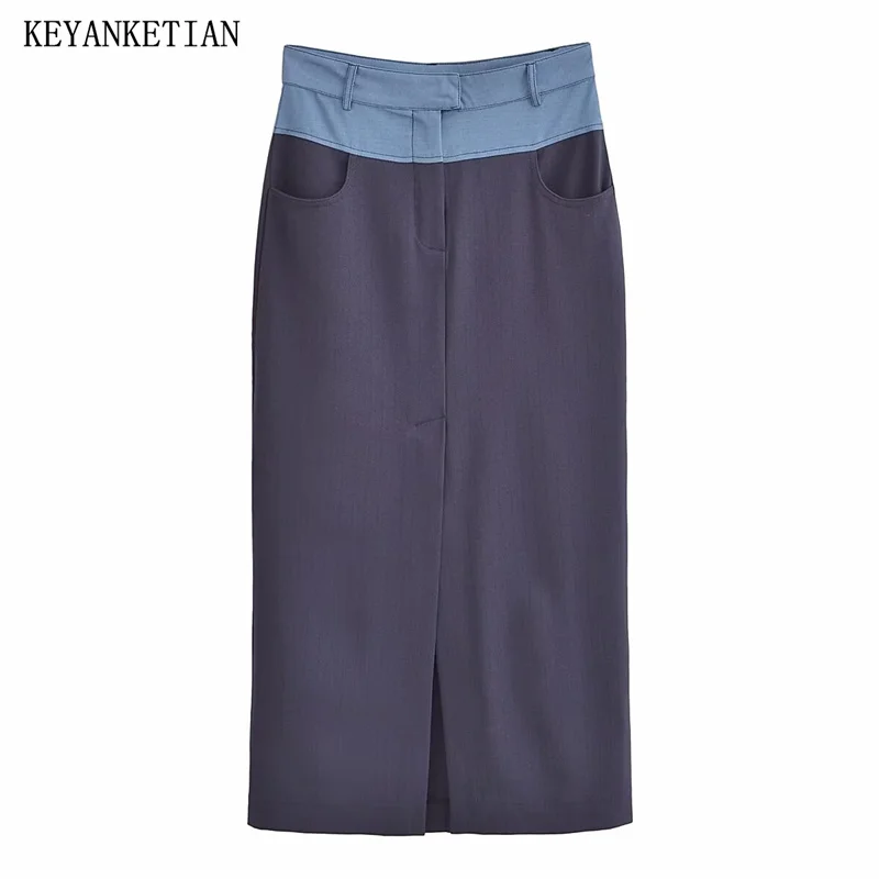 

KEYANKETIAN 2024 New Launch Women's Patchwork Zipper High-Waisted Split Skirt Fashion Basics Contrast Color Long Straight Skirt