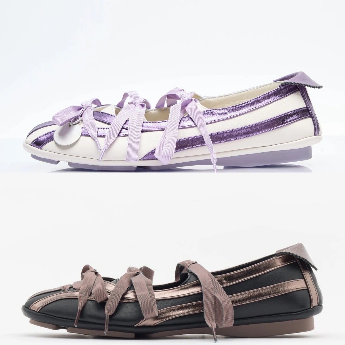 

Lace-up Silver Metal Charm Round Toe Low Heel Black Purple Mary Jane Ballet Flats Designer Luxury Shoes Ballerinas Women's Shoes