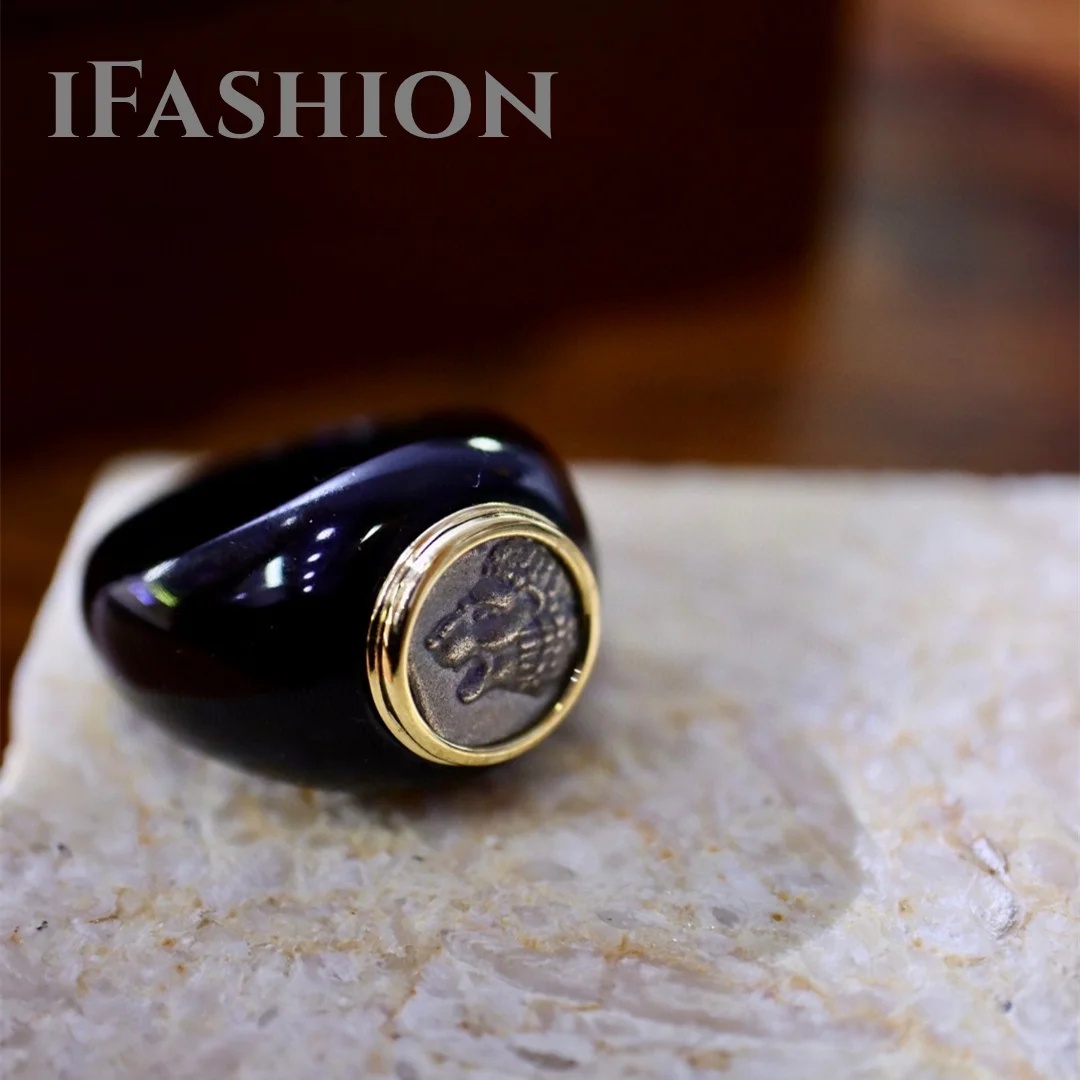 

Кольцо IFASHION с черным ониксом и старинными монетами, 18 карат, ювелирные изделия из твердого желтого золота (AU750), женские модные кольца-блогеры