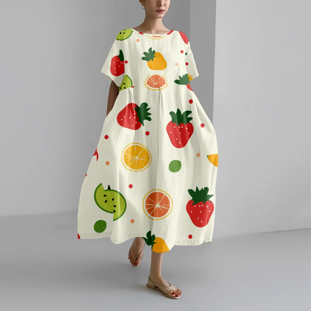 

Summer Dress Fruit Print Dresses Fresh Women Oversize Maxi Dress Beach Loose Sundress Soft Girl Holiday Vestidos Elegant Robe
