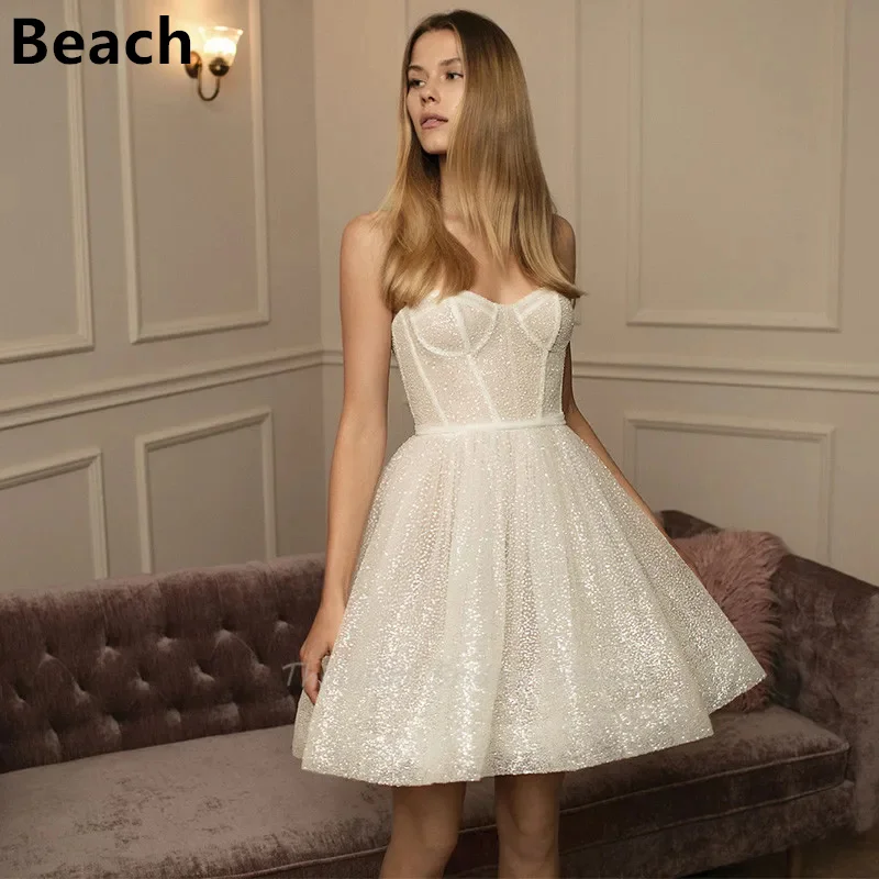 

Beach Glitter Short Mini Wedding Dresses Shiny Boho Sweetheart Princess Princess Bridal Gowns Custom Made Robe De Mariee