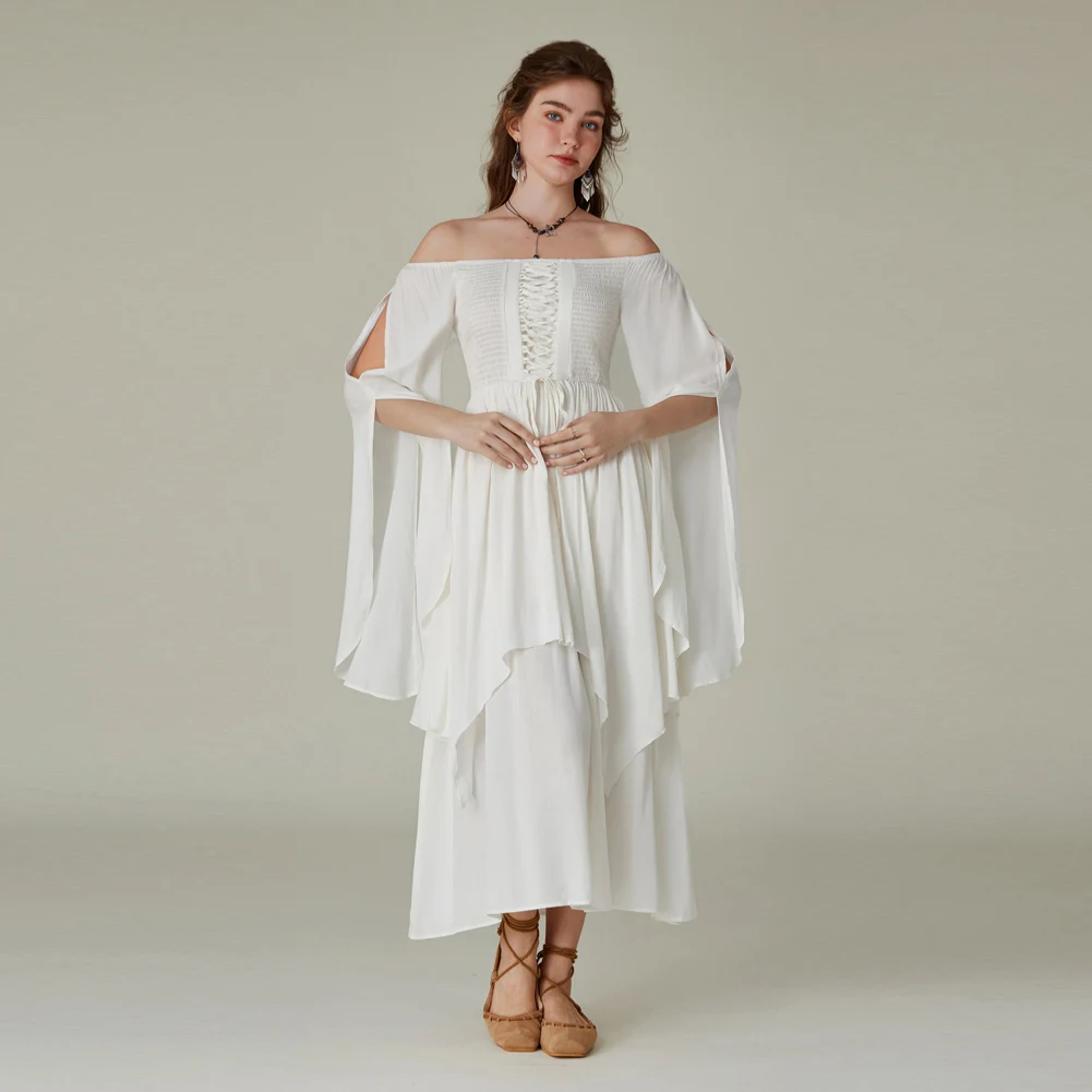 

SD Women Renaissance Midi Dress Boned Length Adjustable A-Line Dress Victorian Ruffle High Low Dress With Drawstring A30