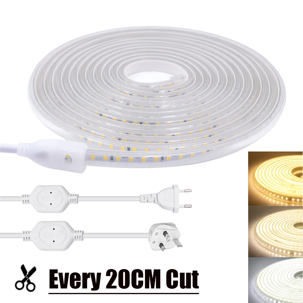 

20CM Cut AC 220V LED Strip IP65 Waterproof Garden Home Decor 3000K 4000K 6000K Flexible Ribbon Rope LED Light