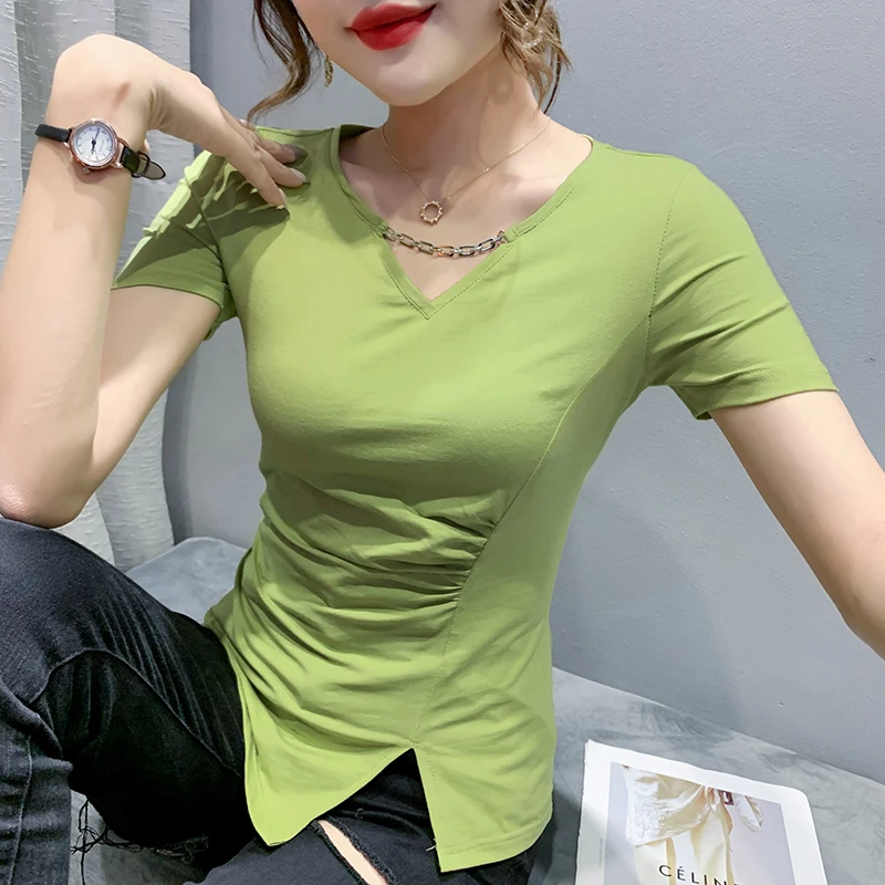 Женская драпированная футболка, хлопковая Футболка с V-образным вырезом и коротким рукавом, лето 2024
Женская драпированная футболка, хлопковая Футболка с V-образным вырезом и коротким рукавом, лето 2024