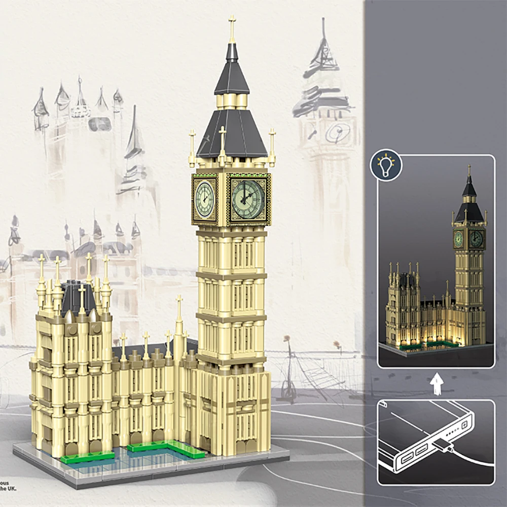 

London Big Ben Micro Building Blocks Famous Architecture Model with LED Lights Turnable Clocks Construction Bricks Toys