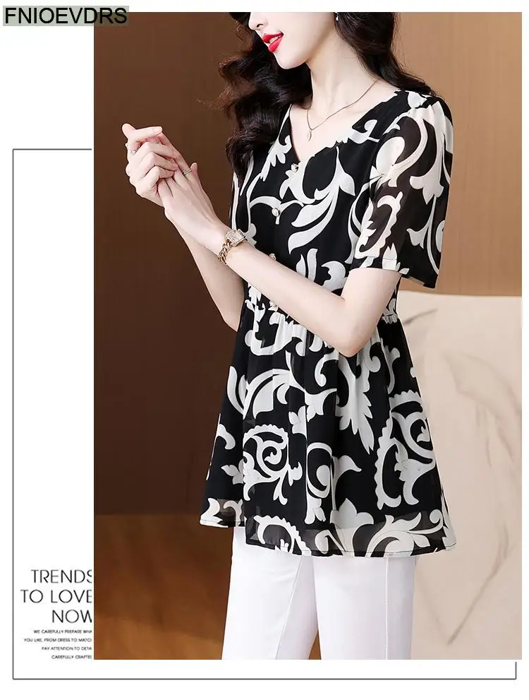 L-5XL Loose Clothes 2024 Women Summer Elegant Ruffles Button Shirts Retro Patchwork Black Floral Tunic Peplum Tops And Blouses L-5XL Loose Clothes 2024 Women Summer Elegant Ruffles Button Shirts Retro Patchwork Black Floral Tunic Peplum Tops And Blouses