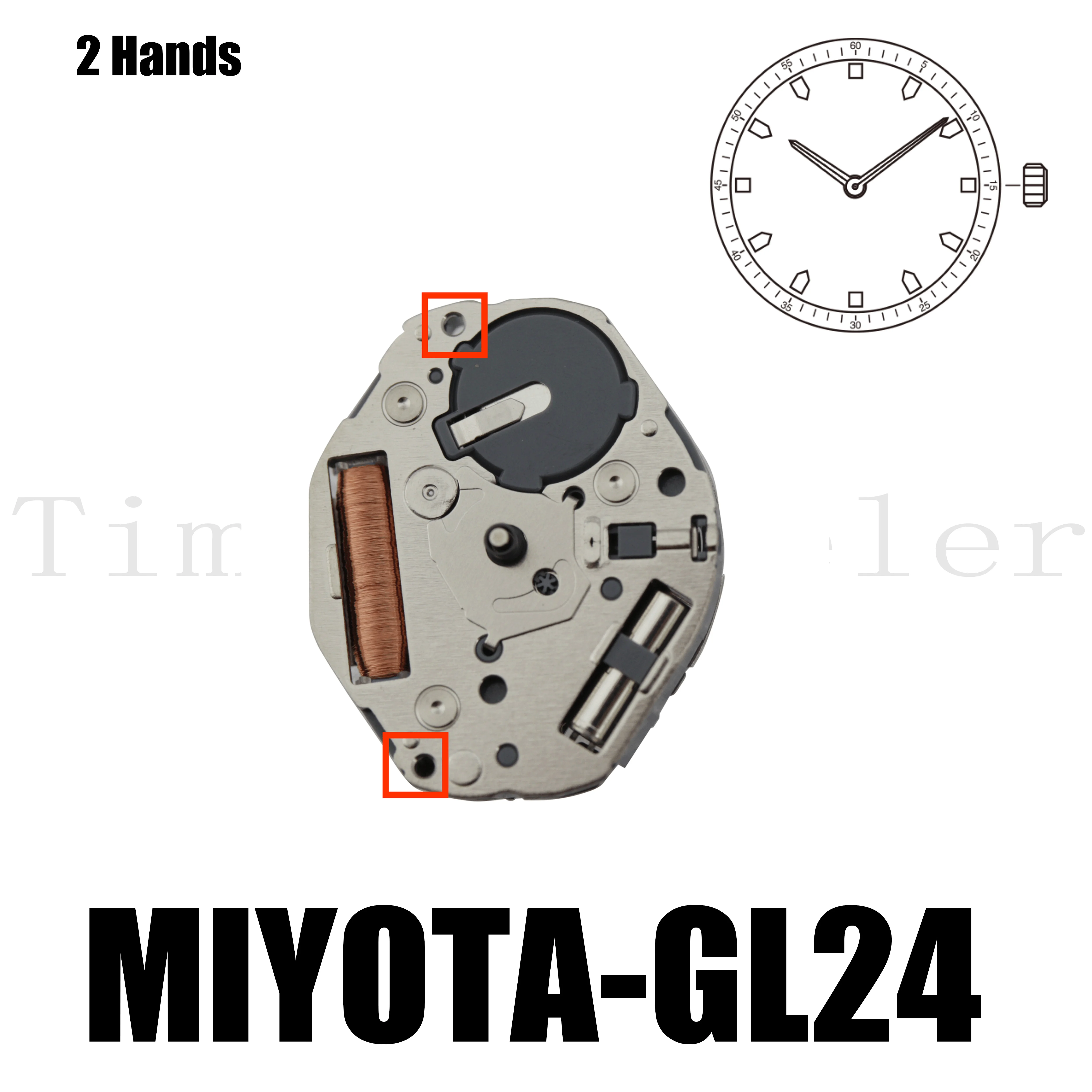 

GL24 Movement Miyota GL24Movement Size 6 3/4 x 8''' Height 2.28mm Battery Life 5 years 2 Hands Long Life Battery