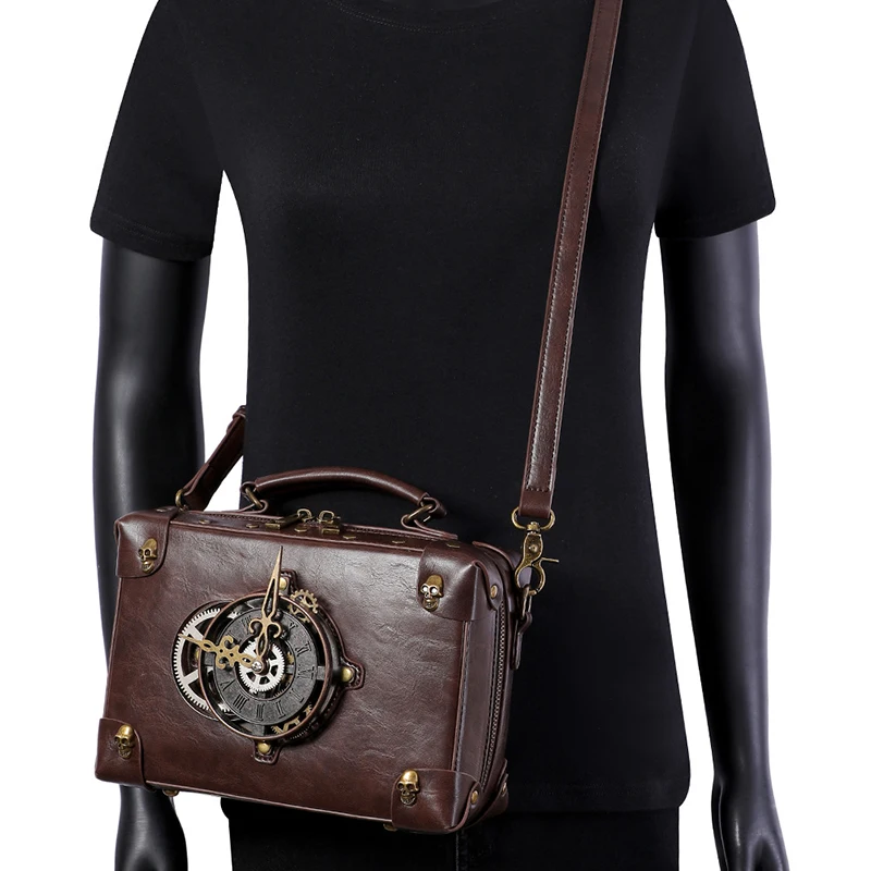 

Satchel Crossbody Bag Woman Steampunk Briefcase Leather Shoulder Tote Handbag Messenger Clock Vintage Square Side Phone Bag Male