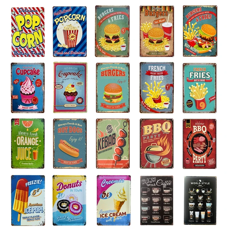 Retro BBQ Hamburger Popcorn Hot Dog Fries Cupcake Coffee Menu Ice Cream Poster Metal Tin Signs Pub Bar Fast Food Shop Wall Decor
Retro BBQ Hamburger Popcorn Hot Dog Fries Cupcake Coffee Menu Ice Cream Poster Metal Tin Signs Pub Bar Fast Food Shop Wall Decor
