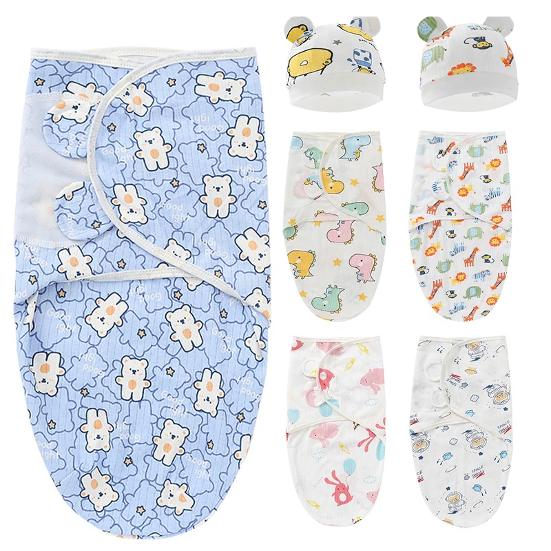 

2Pcs/Set Baby Swaddle Sleeping Bag Newborn Baby Wrap Anti-Startle Cocoon Design 100%Cotton Baby Adjustable Blanket 0-6 Months