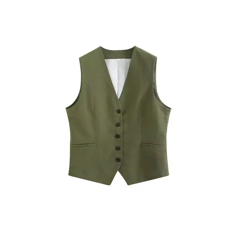 

Women New Fashion Linen Cropped Customized Casual Vest Vintage V Neck Button-up Female Waistcoat Chic Tops