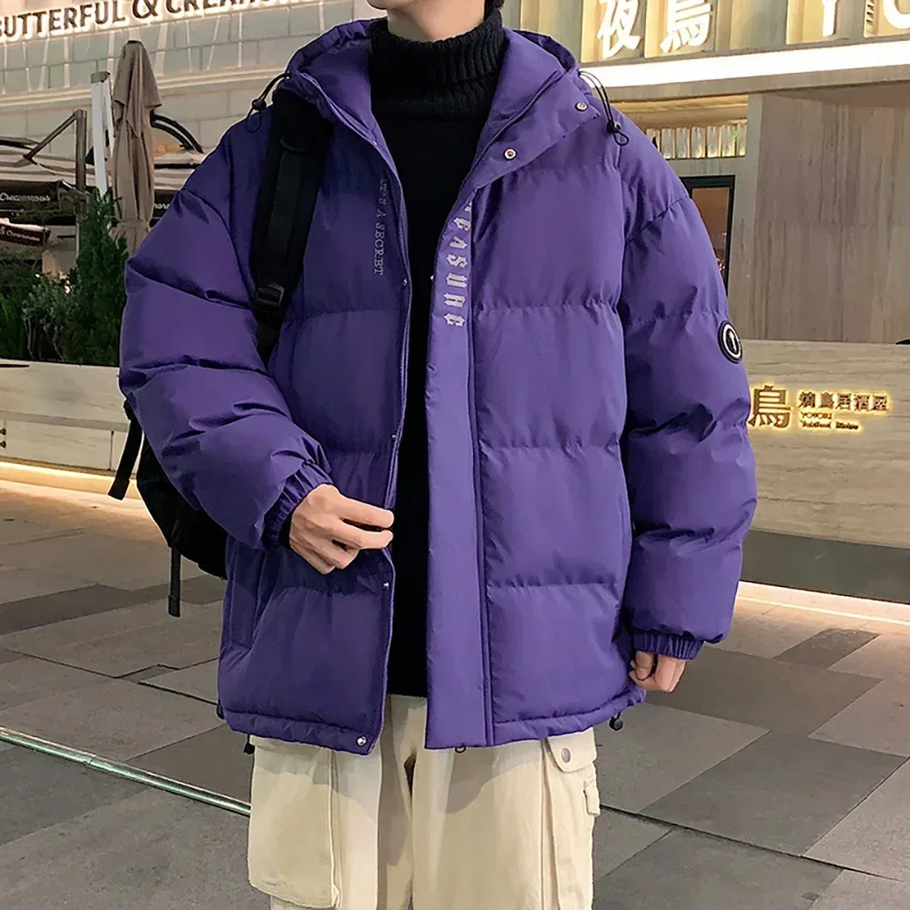 

Puffer Purple Jacket Men Winter Jackets Thicken Warm Streetwear Cotton Padded Coats With Hood Loose Fit Parkas