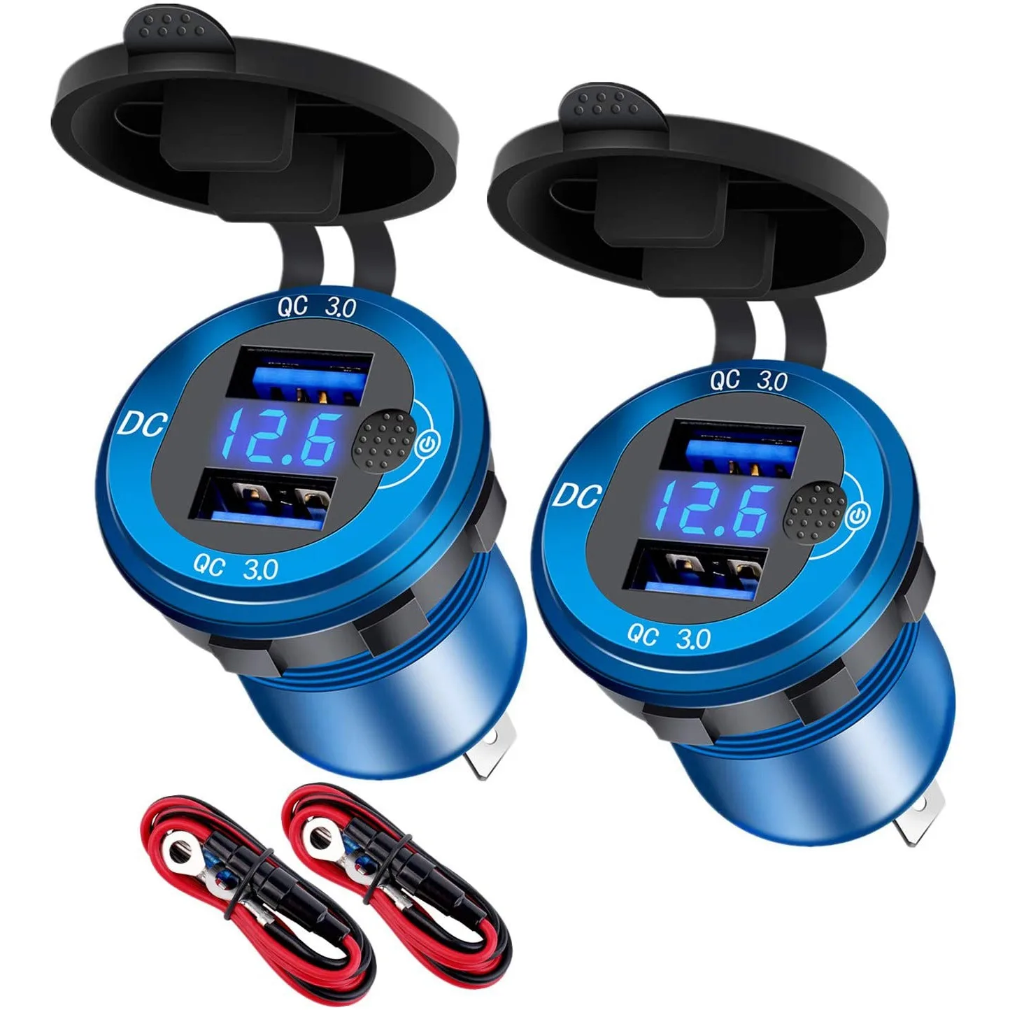 

QC 3.0 Dual USB Car Charger Socket with Volmeter & Switch, 36W 12V Fast Charger, for Car Boat Motorcycle ATV Truck, Blue