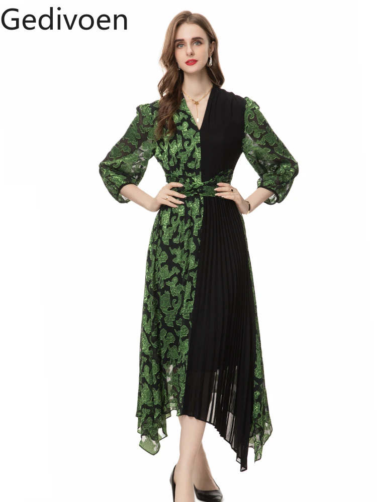 

Gedivoen Fashion Designer Autumn Women's Dresses V-Neck Collar Sashes Patchwork Elegant Office Lady Empire A-LINE Dress