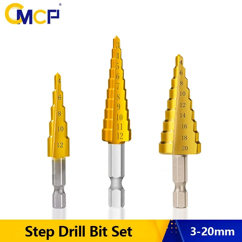 CMCP HSS Step Drill Bit Set 3pcs 3-12mm 4-12mm 4-20mm TiN Coated Wood Metal Hole Cutter Cone Stepped Drill Bit Set Metal Drills
CMCP HSS Step Drill Bit Set 3pcs 3-12mm 4-12mm 4-20mm TiN Coated Wood Metal Hole Cutter Cone Stepped Drill Bit Set Metal Drills