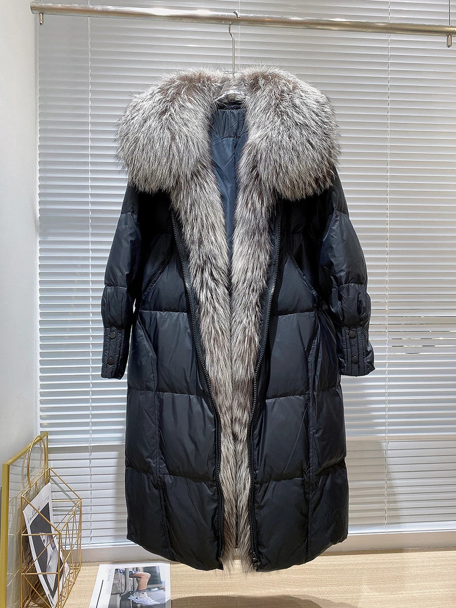 

New 2023 90% Goose Down Jacket Women's Winter Coat New Over the Knee High-end Big Silver Fox Fur Collar Loose Fur Overcoat