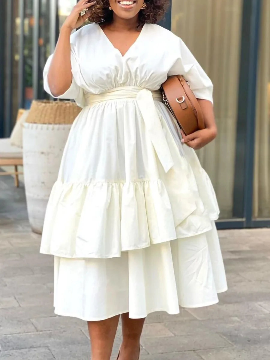 

LW Layered Cascading Ruffle Belt Design Dress Women Summer Elegant Solid Color Half Sleeve V Neck Monochrome A line Midi Dresses