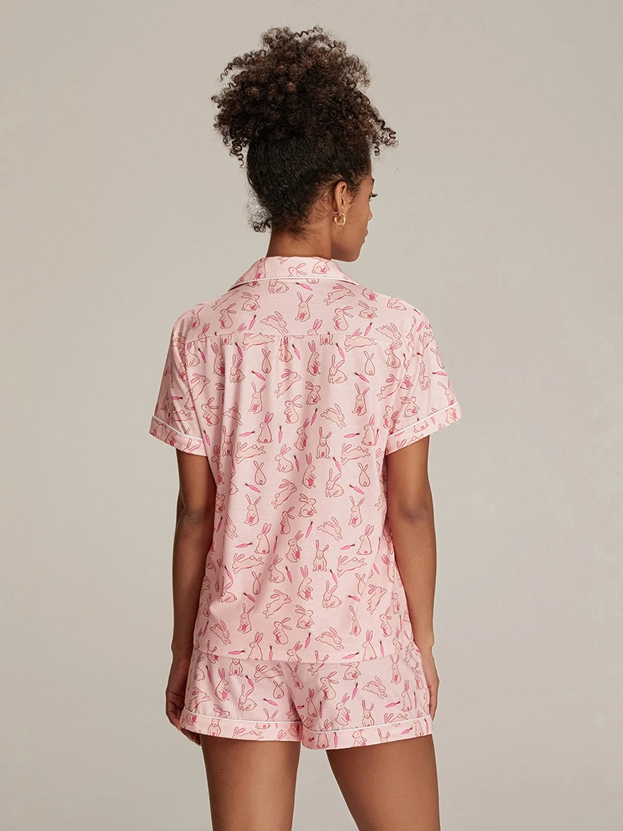 

Women 2 Piece Pajama Set Bunny Print Button T-Shirt and Elastic Shorts for Loungewear Soft Sleepwear for Nightwear