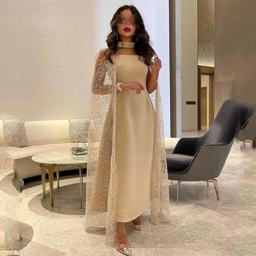 

Ankle Length Lace Collar Shawl Jacket Saudi Arbia Long Prom Gowns Romantic Elegant A-Line Evening Dress vestidos de piedras