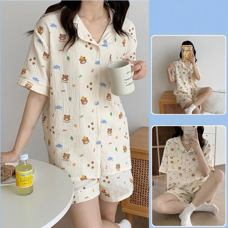 Cartoon Women‘s Pajamas Cute Sleepwear Turn-down Collar Short Sleeve Top Shorts Two Piece Sets Korean Fashion Summer Night Wear
Cartoon Women‘s Pajamas Cute Sleepwear Turn-down Collar Short Sleeve Top Shorts Two Piece Sets Korean Fashion Summer Night Wear