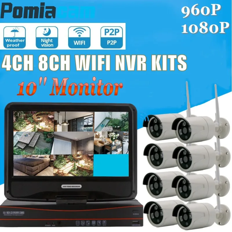 

4CH 8CH 1080P Wireless Security Camera System Wifi NVR Kit 10'' Monitor 1.3MP 2MP Outdoor CCTV IP Camera Video Surveillance Kits