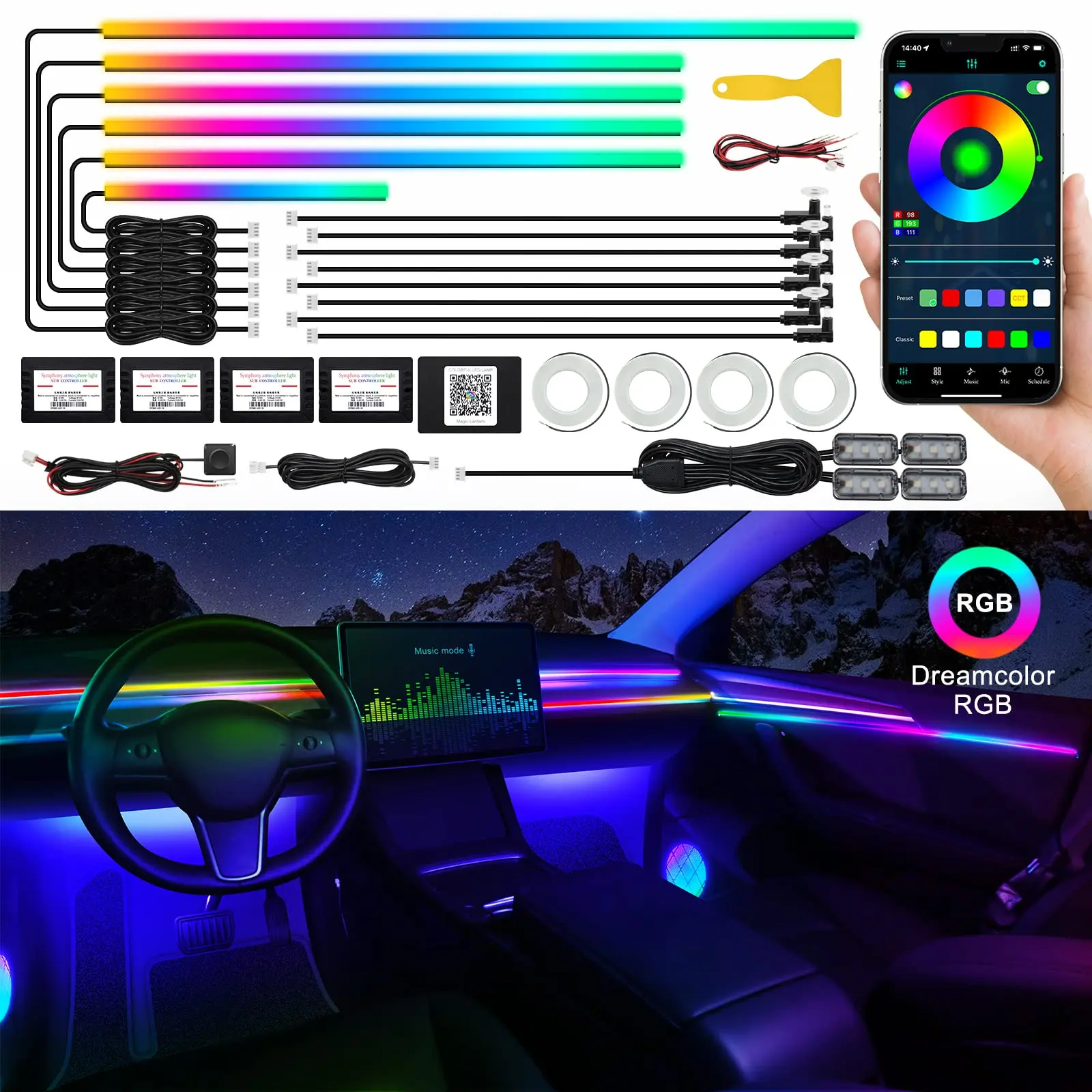 Универсальная автомобильная лампа 18 в 1, разноцветная лампа 64 RGB, управление через приложение
Универсальная автомобильная лампа 18 в 1, разноцветная лампа 64 RGB, управление через приложение