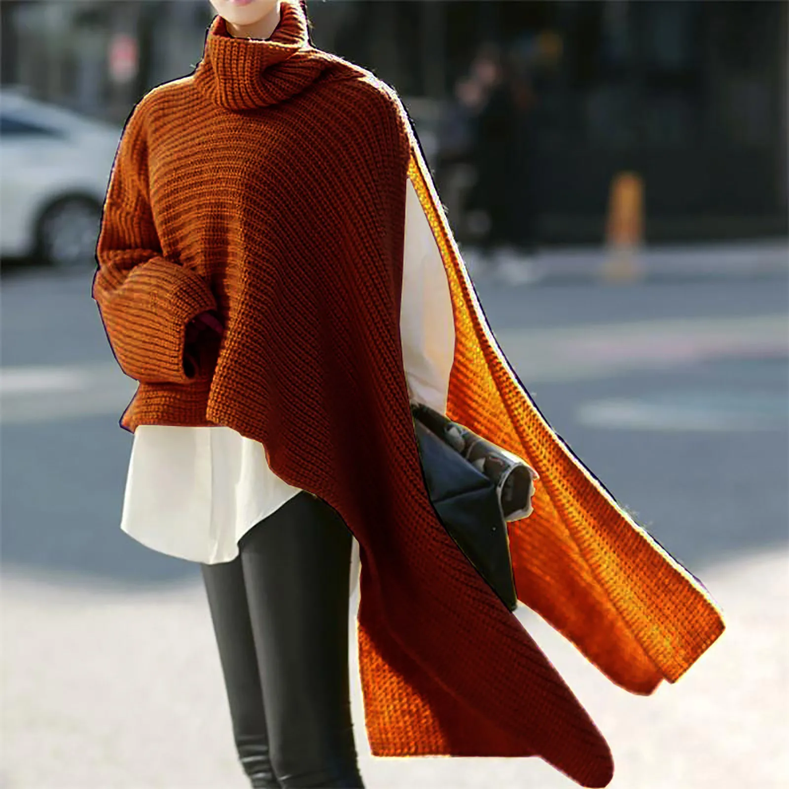 

Women's Turtleneck Batwing Sleeve Asymmetric Hem Casual Pullover Sweater Long Sleeve Solid Color Loose Knitwear Tops