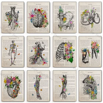 인체 부품 예술 꽃 해부학 포스터 인쇄, 신경과 의사, 의료 캔버스 페인팅, 클리닉 홈 데코 선물