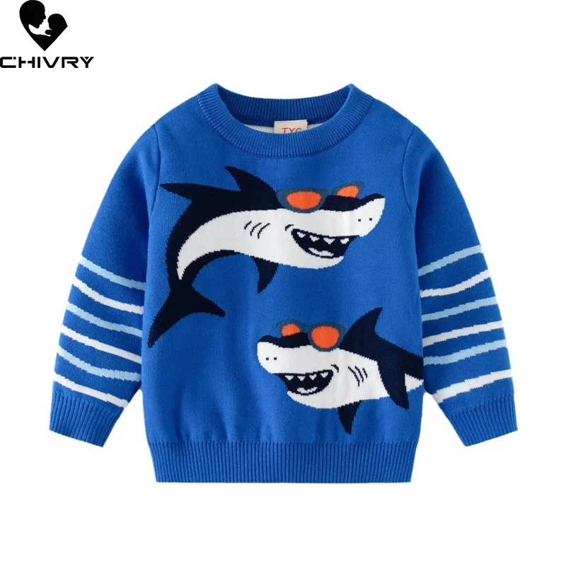 

Baby Boys Autumn Winter Pullover Sweater New 2023 Kids Cartoon Shark Jacquard Round Neck Striped Sleeve Knitted Sweaters Tops