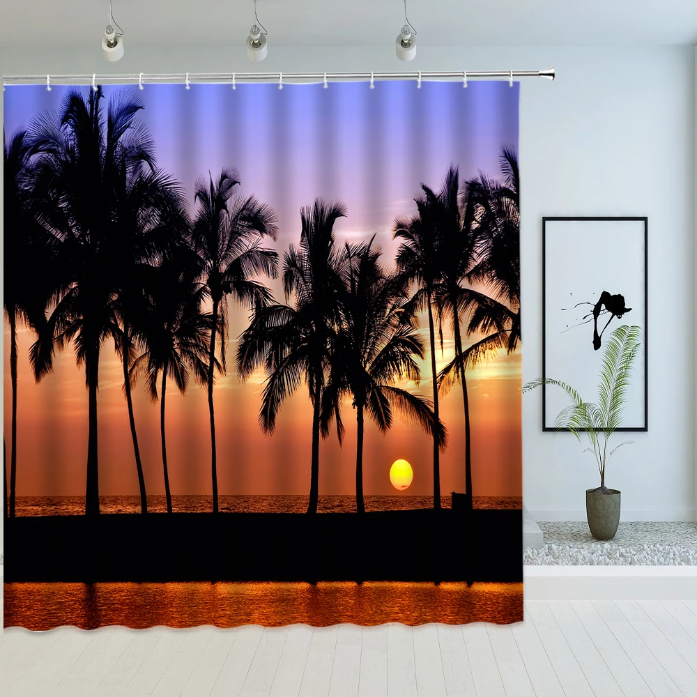 

Dusk Sunset Beach Shower Curtain Tropical Ocean Palm Tree Nature Scenery Waterproof Fabric with Hooks Bath Screen Bathroom Decor