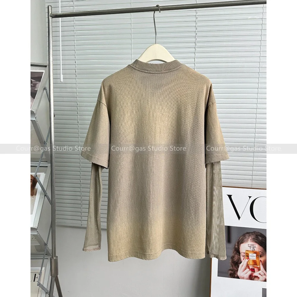 

2024 Early autumn new long-sleeved splicing semi-transparent mesh dress sleeve sunscreen t-shirt tops female