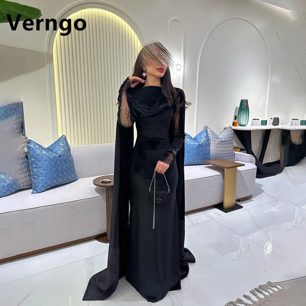 

Verngo Black Velvet Long Prom Gowns Saudi Arabic Mermaid Party Dress Dubai Formal Dress With Cape Lace Sleeves Evening Dress