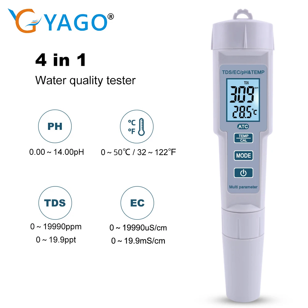 

Yieryi New 4 in 1 PH/TDS/EC/Temperature Meter PH Meter Digital Water Quality Monitor Tester for Pools, Drinking Water, Aquariums