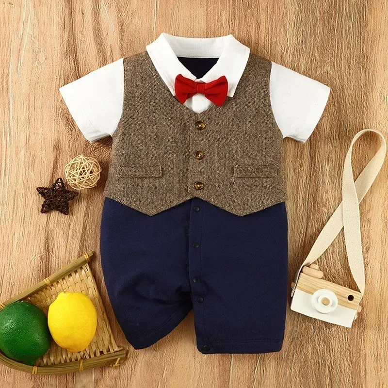 

Newborn Baby One-piece Bodysuits Stripe Gentleman Romper Full Moon Short Sleeved Creeper Fashion Uniform Style Jumpsuit