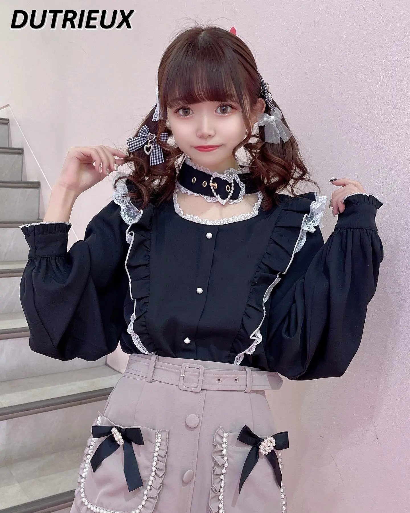 

Japanese Elegant Ruffled Love Neck Band Bottoming Shirt Women Lolita Sweet Cute Doll Collar Long Sleeve Blouse Spring New Blusas