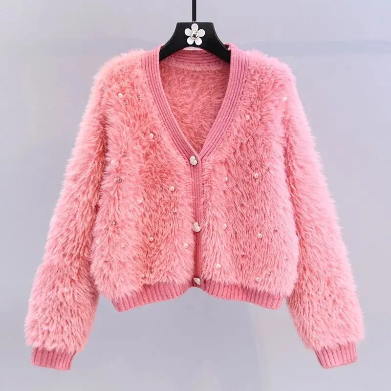 

Autumn 2023 V Neck Pink Fleece Knitted Sweater Women Sweet Mink Cashmere Cardigan Winter Soft Plush Warm Knitwears Jackets D01