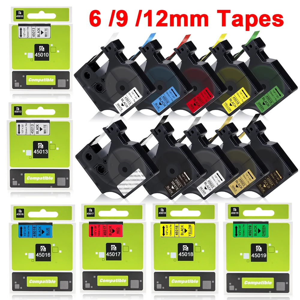 

1Pcs 6/9/12mm Label Compatible for Dymo D1 Tape 45013 45010 45016 45018 45020 43613 40913 for Dymo LabelManager 160 280 300 450